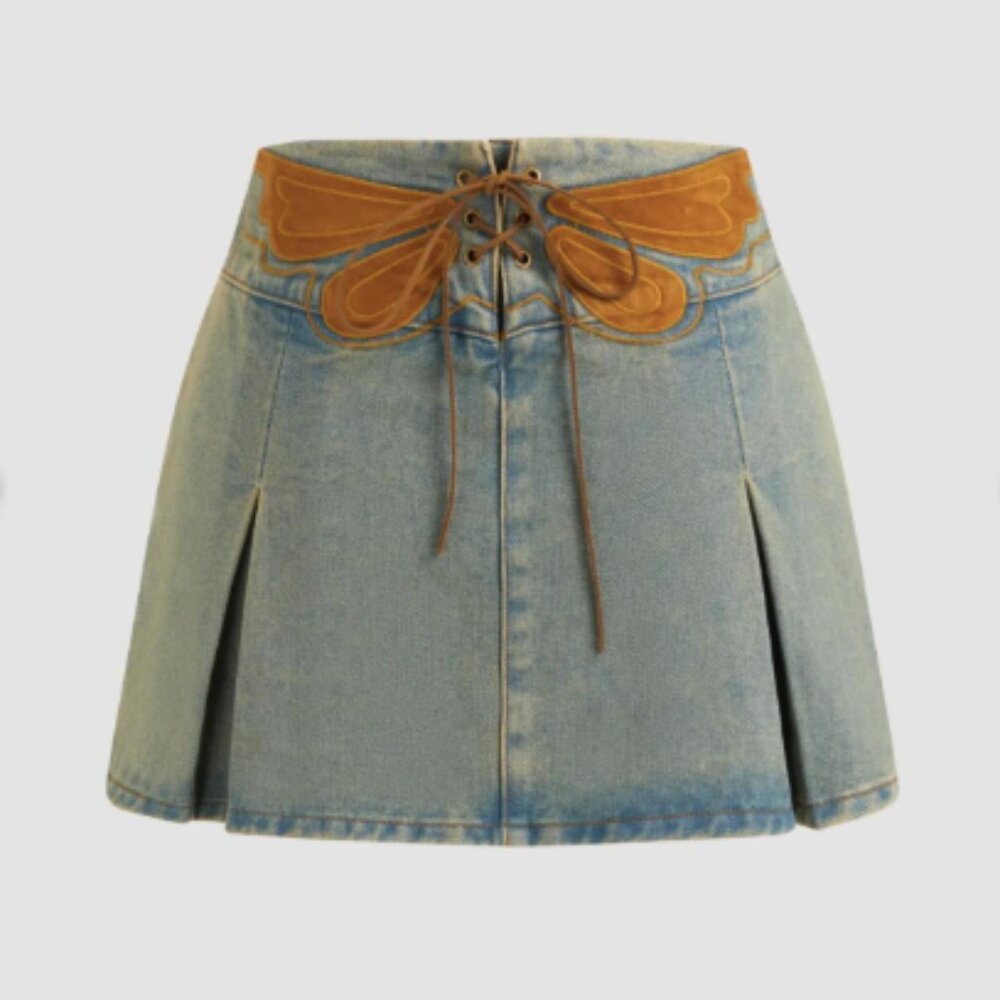 Cider Butterfly Denim Mini Skirt